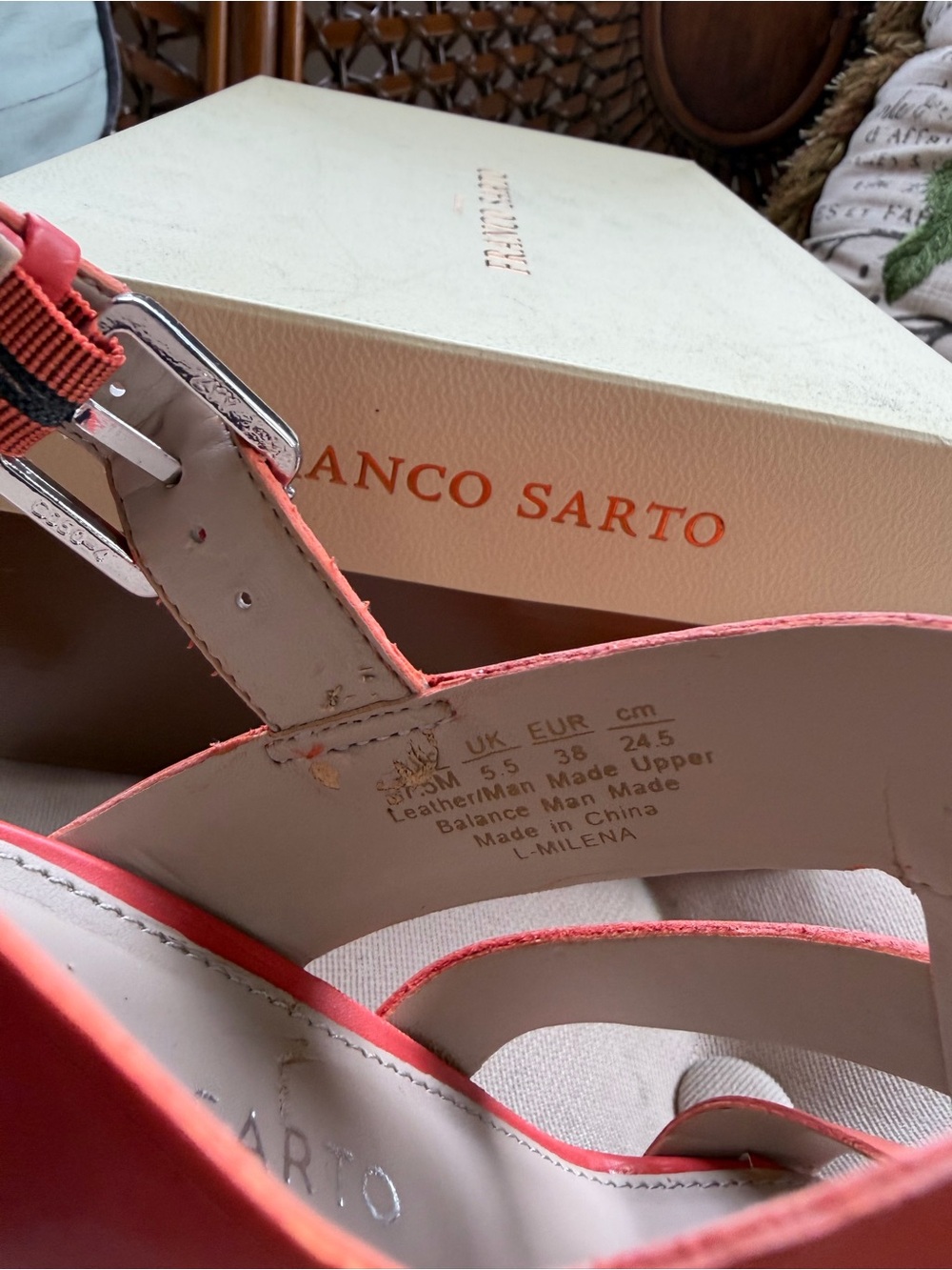 Franco Sarto Orange-Red Strappy Buckle Heels - Picture 7 of 7